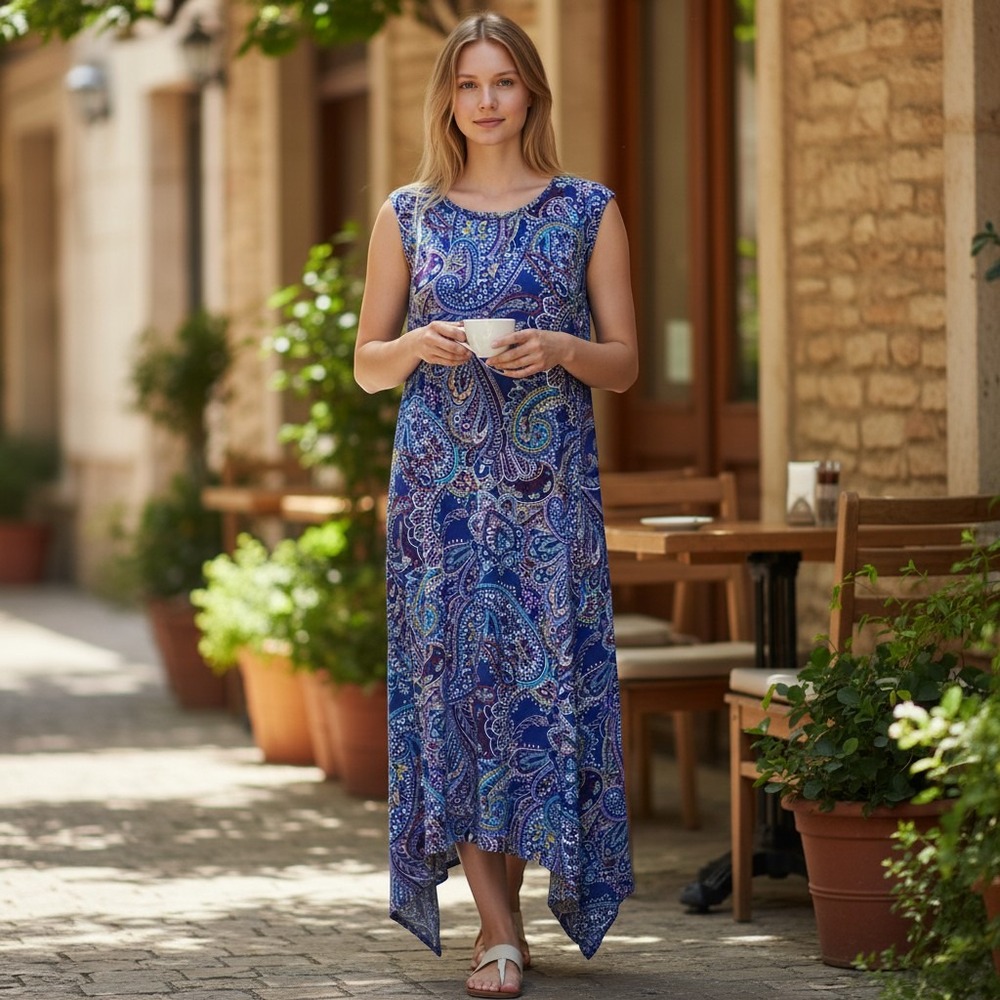 Chico's‎ multi color blue paisley sundress summer dress womens size  2 (12-14)